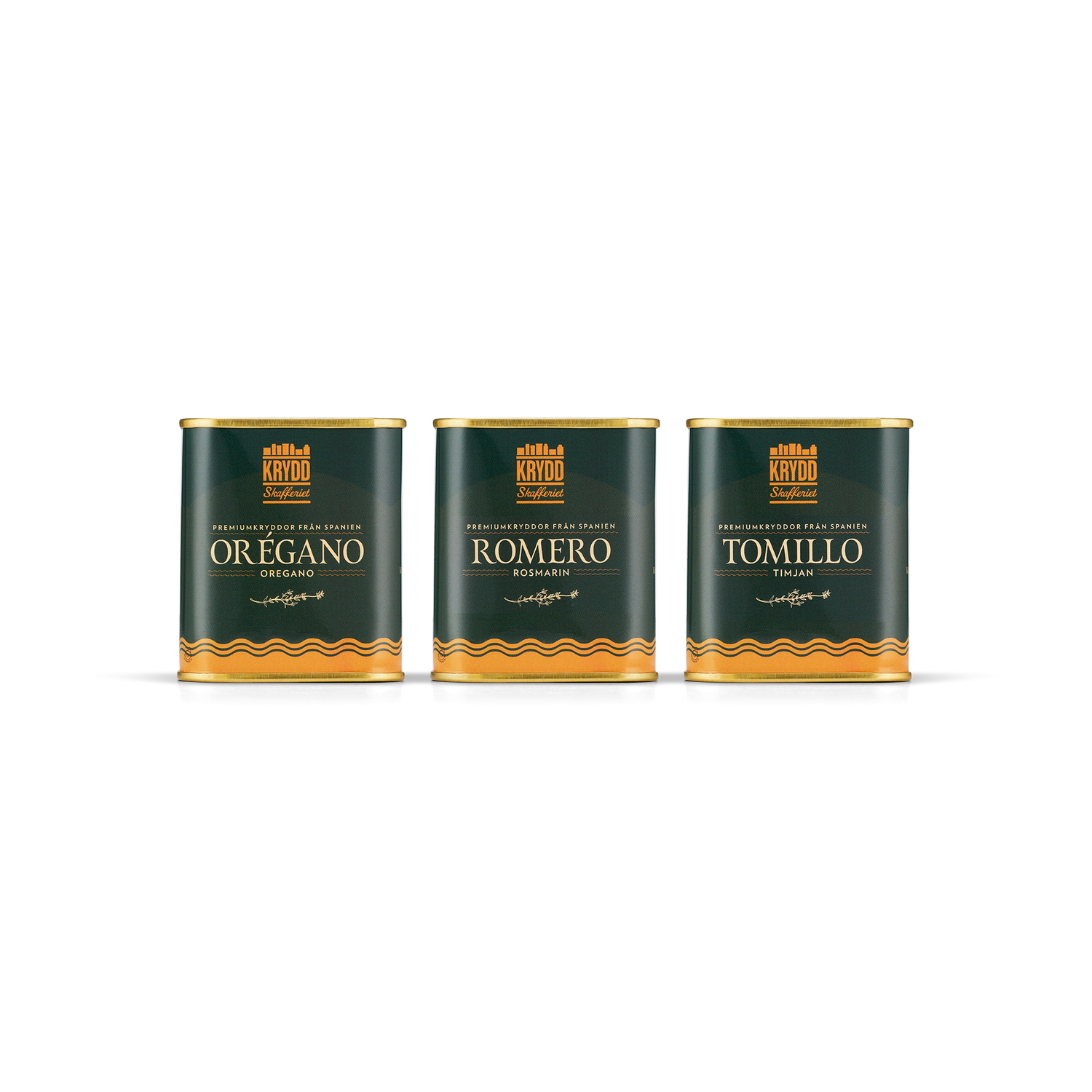 Tre förpackningar spanska premiumkryddor: oregano, rosmarin och timjan på rad.