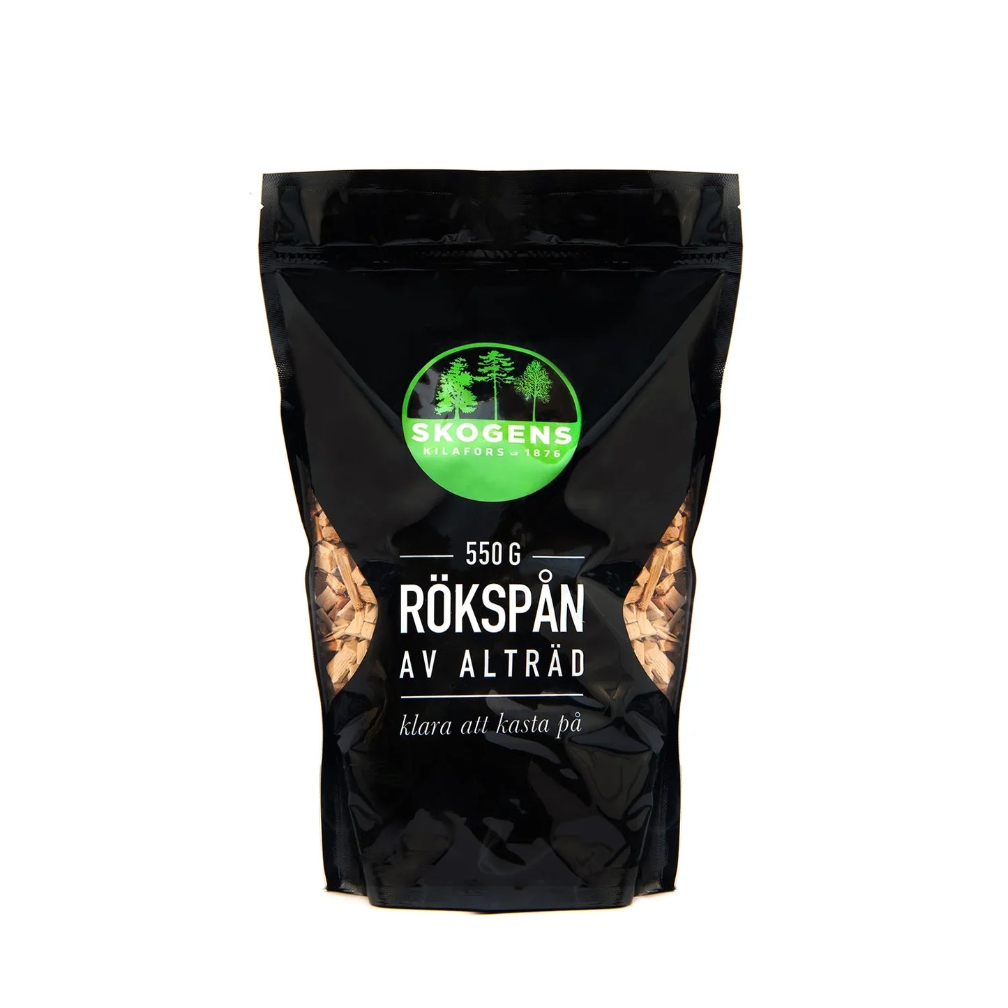 Förpackning med 550g rökspån av alträ till grill och rökning, svart påse mot vit bakgrund