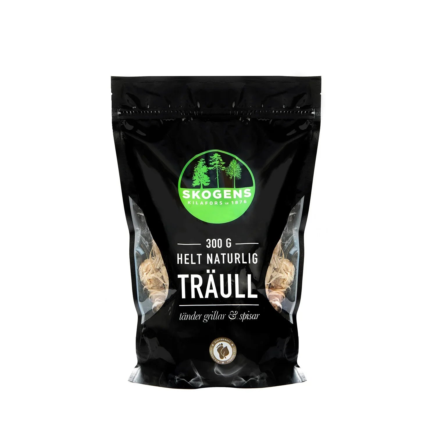 Förpackning med 300g helt naturlig träull för att tända grillar och spisar.