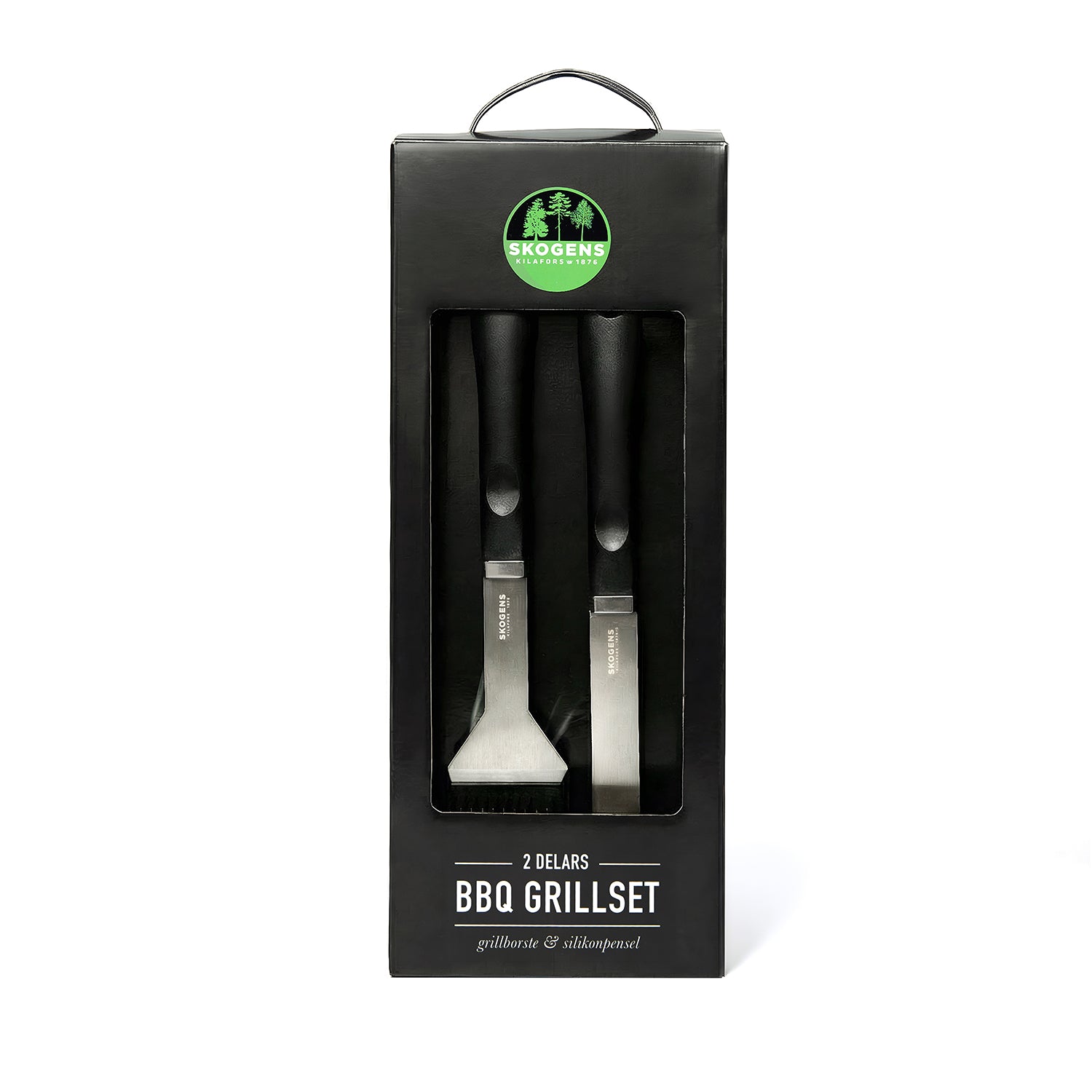 2-delars grillset för BBQ med grillborste och silikonpensel i svart förpackning