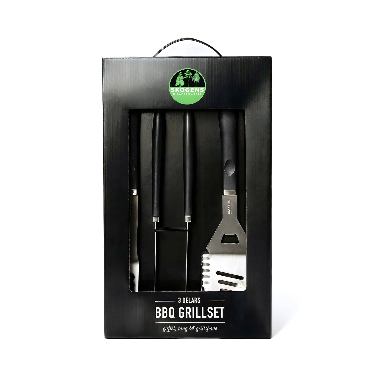 3-delat grillset med stålgaffel, tång och grillspade i svart förpackning