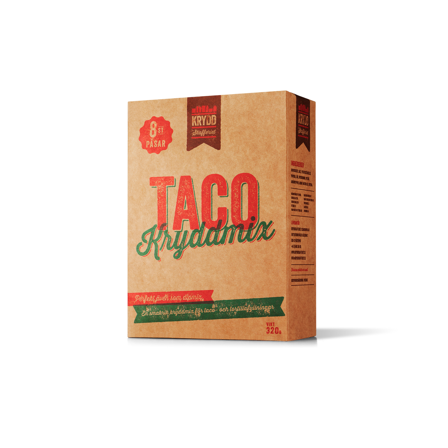 Förpackning med taco kryddmix, 8 påsar, brun kartong, tydlig röd och grön text.