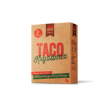 Förpackning med taco kryddmix, 8 påsar, brun kartong, tydlig röd och grön text.