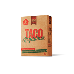 Förpackning med taco kryddmix, 8 påsar, brun kartong, tydlig röd och grön text.