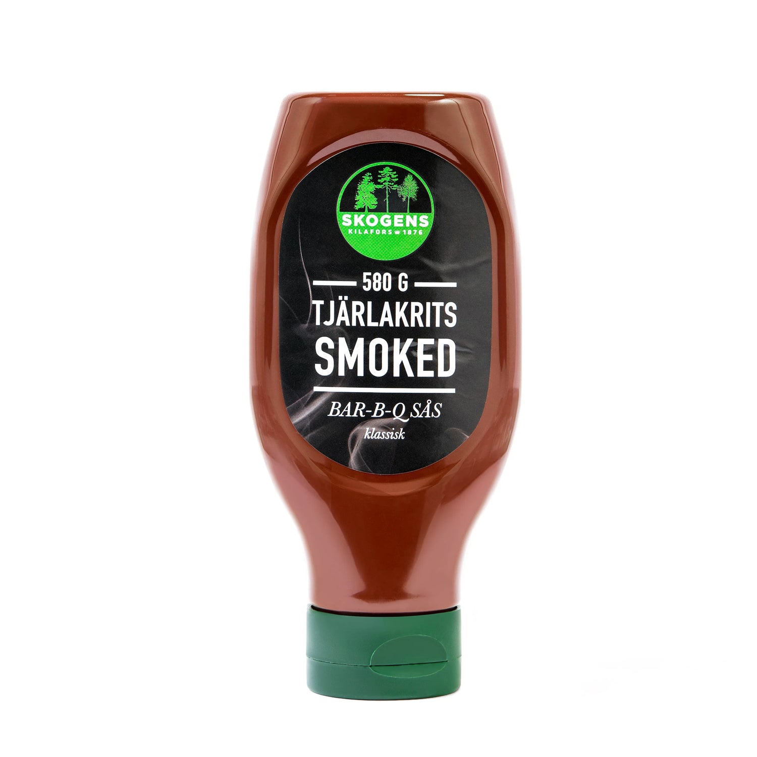 Barbequesås flaska tjärlakrits smoked 580g mot vit bakgrund, bbq sås grilltillbehör